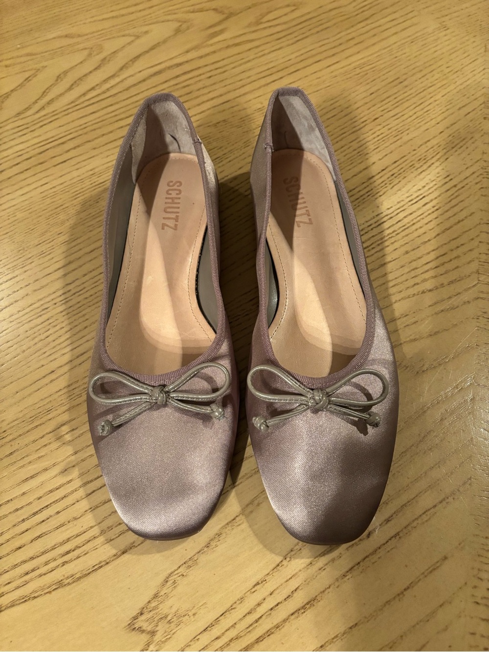 SCHUTZ Silver Satin Ballet Flats with Bow Accent - Picture 3 of 4